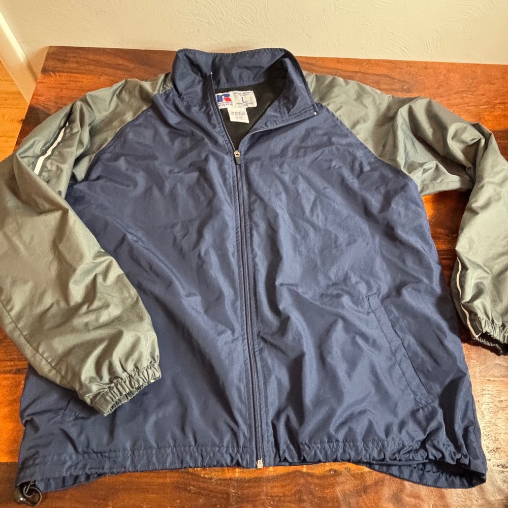 Vintage Russell Athletic Mens Windbreaker Navy Blue‎ Grey Water Resistant Large